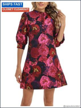 Women's Jacquard Floral Cocktail Button Down Mini Shift Dress